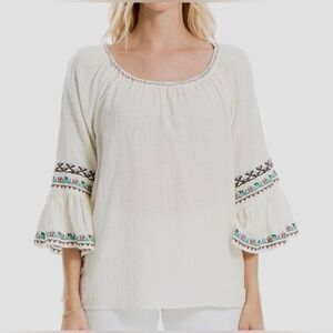 Max Studio Embroidered Bell Sleeve Peasant Blouse Top L/XL